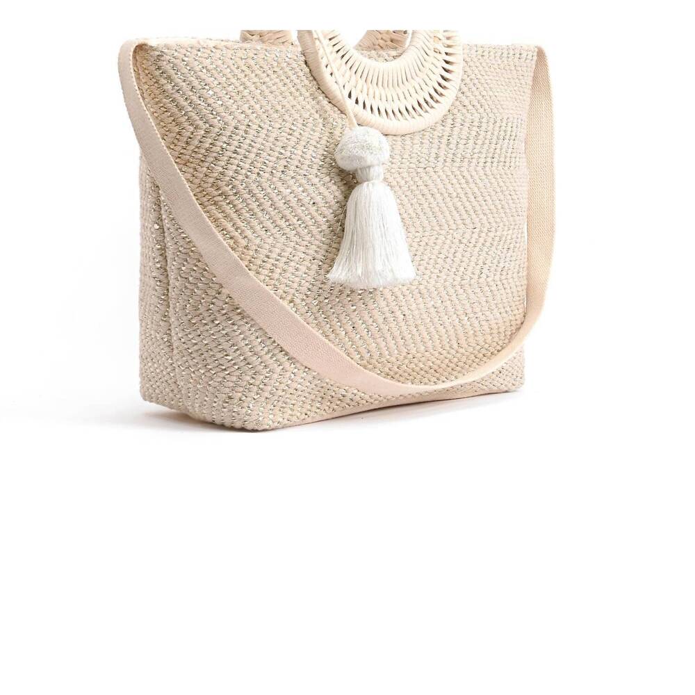 NEW AMERICA & BEYOND womens birch lurex durrie cane handle hand woven tote beach - Picture 3 of 5
